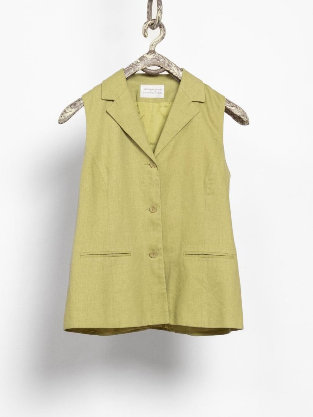 90'S GREEN VEST LINEN Lime Top Sleeveless Vintage Button Up / Small Medium